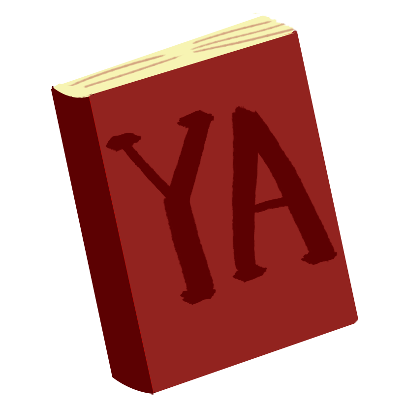 A cartoon book with a red cover which reads "YA".